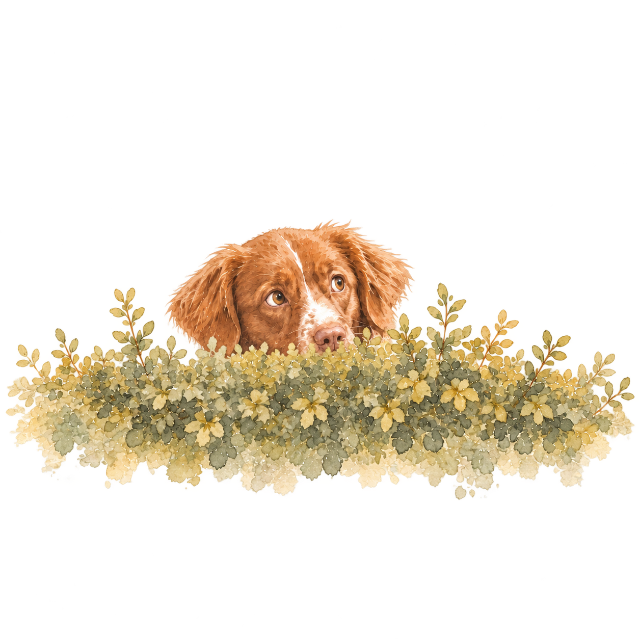 Joy peeking over a garden hedge
