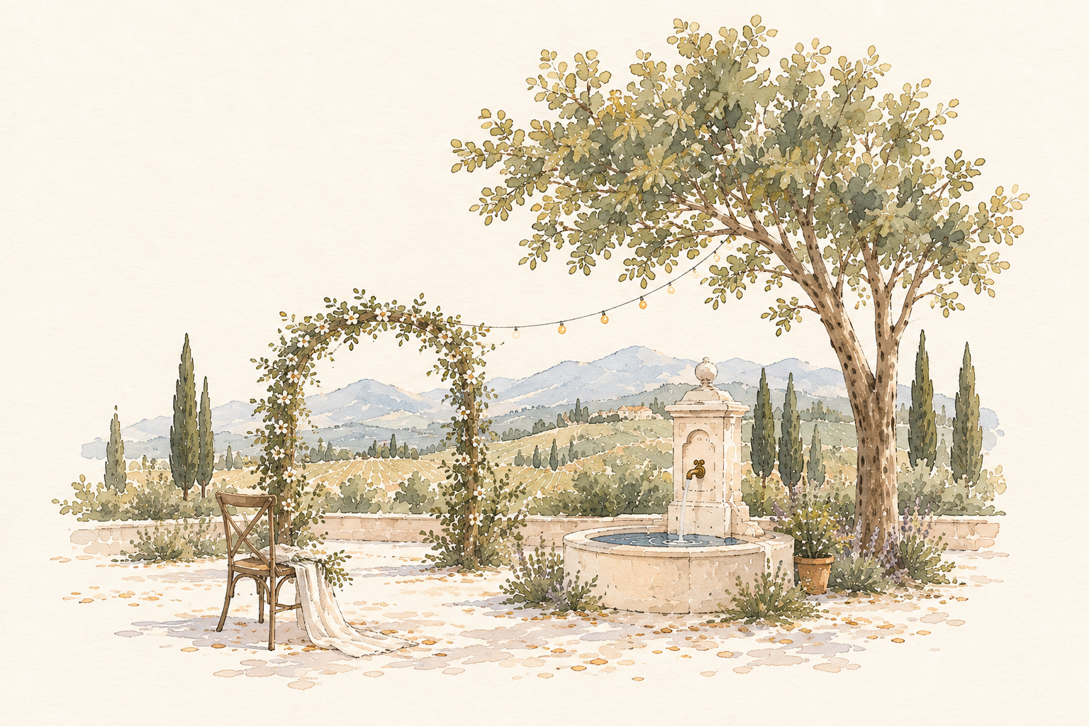 Watercolor illustration of a fountain, ceremony arch and valley